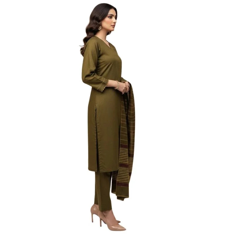 Winter Sussi Silk 3-Piece Suit for Women | Unstitched Plain Shirt & Trouser | Heavy Winter Sussi Shawl | Olive Green