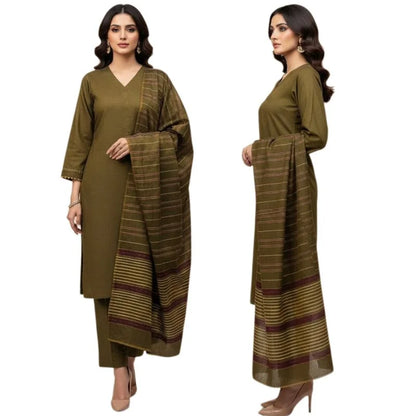 Winter Sussi Silk 3-Piece Suit for Women | Unstitched Plain Shirt & Trouser | Heavy Winter Sussi Shawl | Olive Green