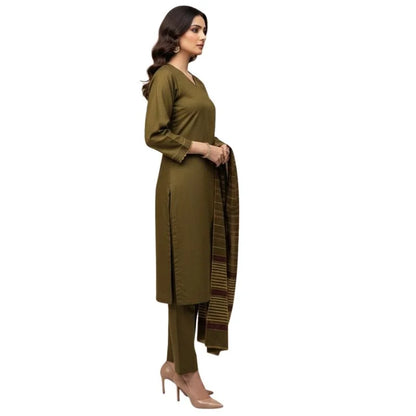 Winter Sussi Silk 3-Piece Suit for Women | Unstitched Plain Shirt & Trouser | Heavy Winter Sussi Shawl | Olive Green